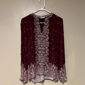 Lucky Brand Border Print Peasant Tunic Top Blouse Womens Maroon ** READ**